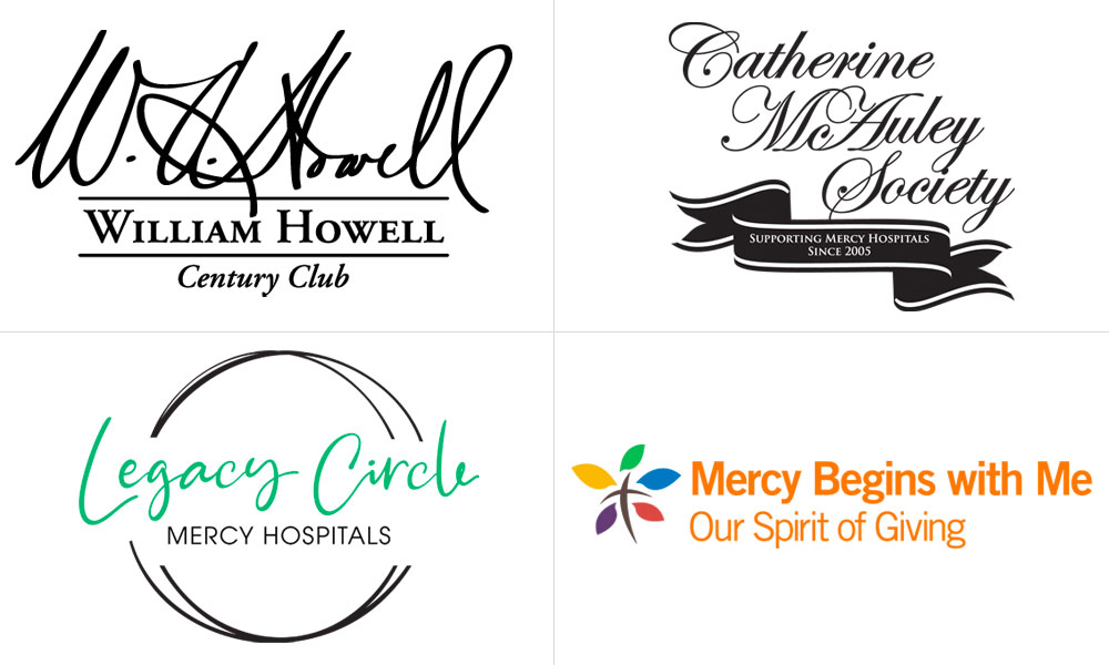 Logos for the four giving societies - Catherine McAuley Society - Our Spirit of Giving - Legacy Circle - William Howell Century Club