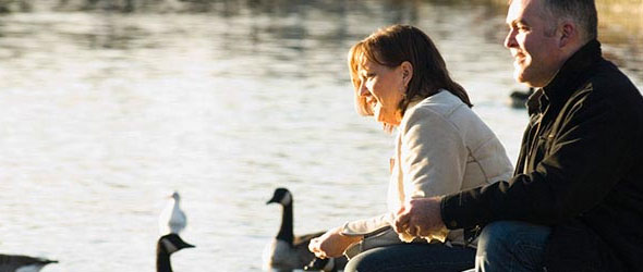 Middle-aged couple feeding geese near a pond
